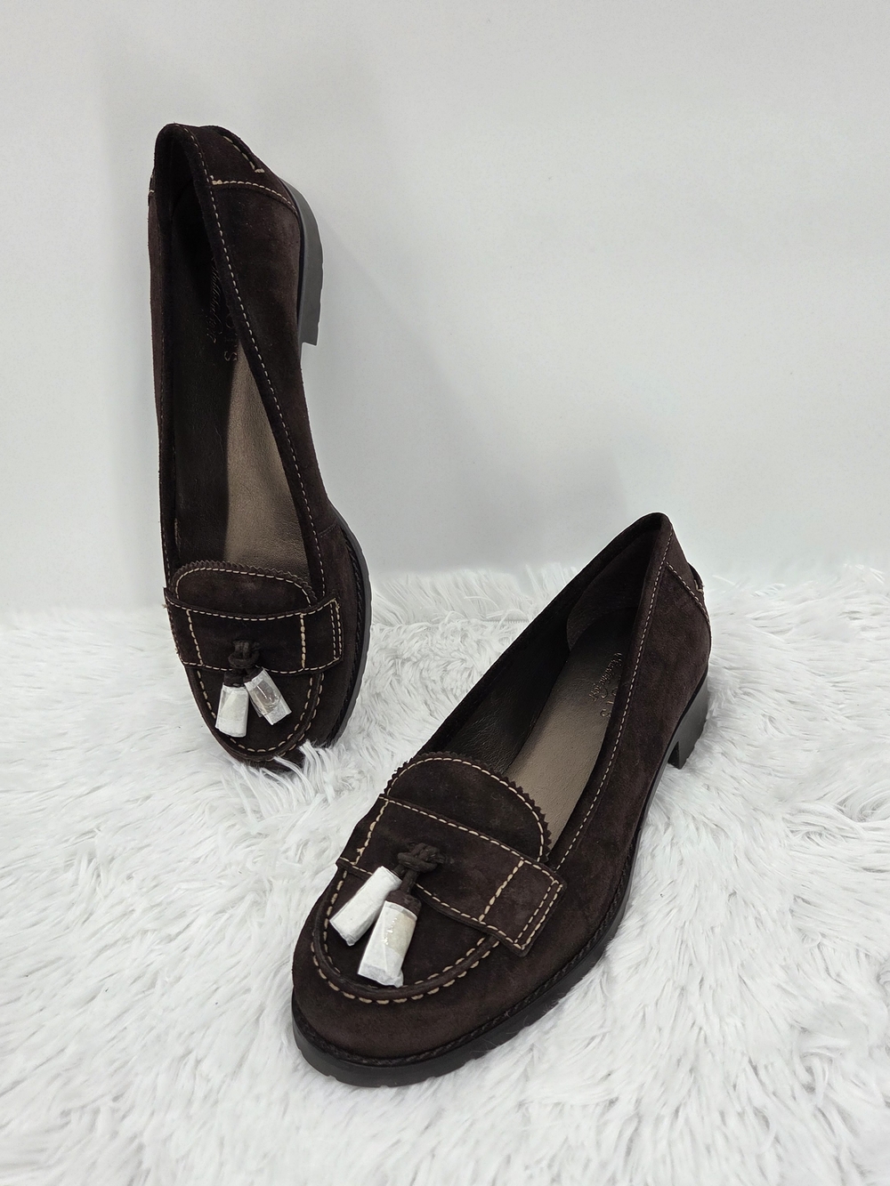 Talbots Brown Suede Tassel Loafers Women’s US 7.5 Wide Low Heel Slip On Leather